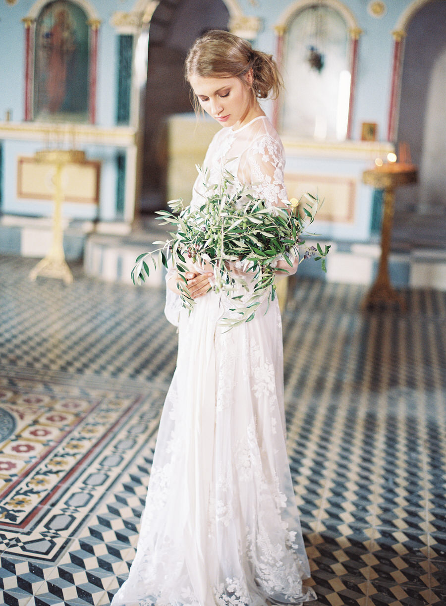 Greek wedding photographers - film photographer Les Anagnou - long sleeve Alexandra Grecco gown