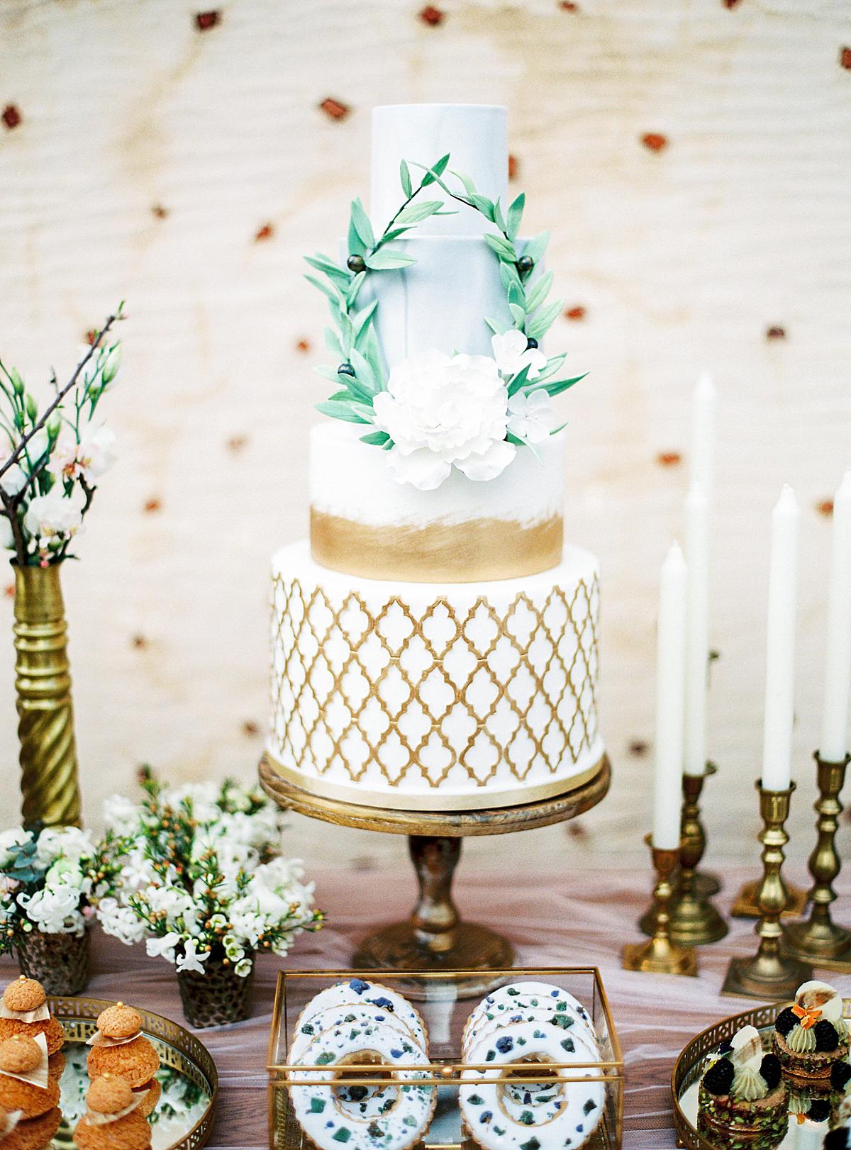 three tier wedding cake with beautiful hand painted details for a destination wedding in Monemvasia Greece