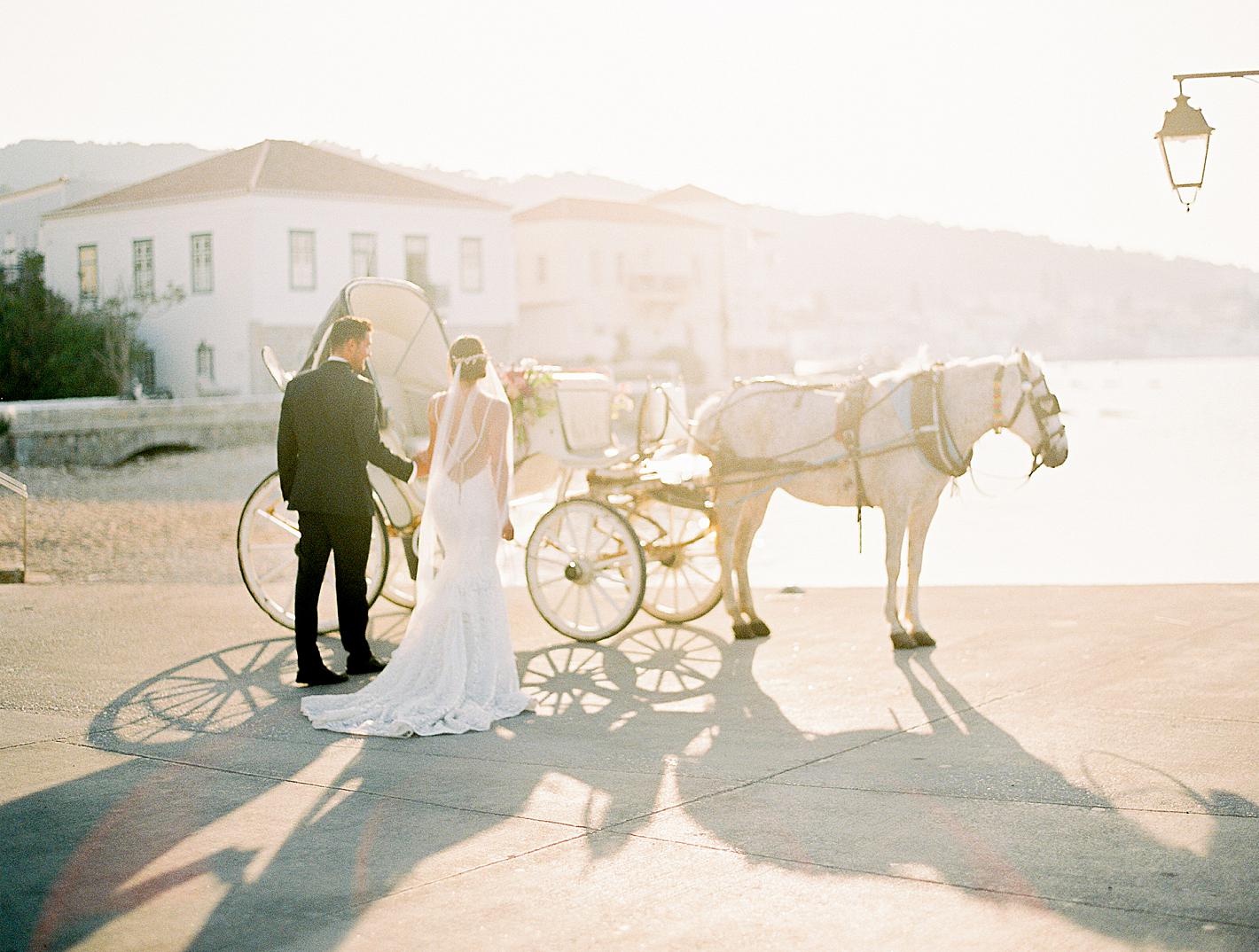bride and groom at portrait session at poseidonio hotel in spetses island greece