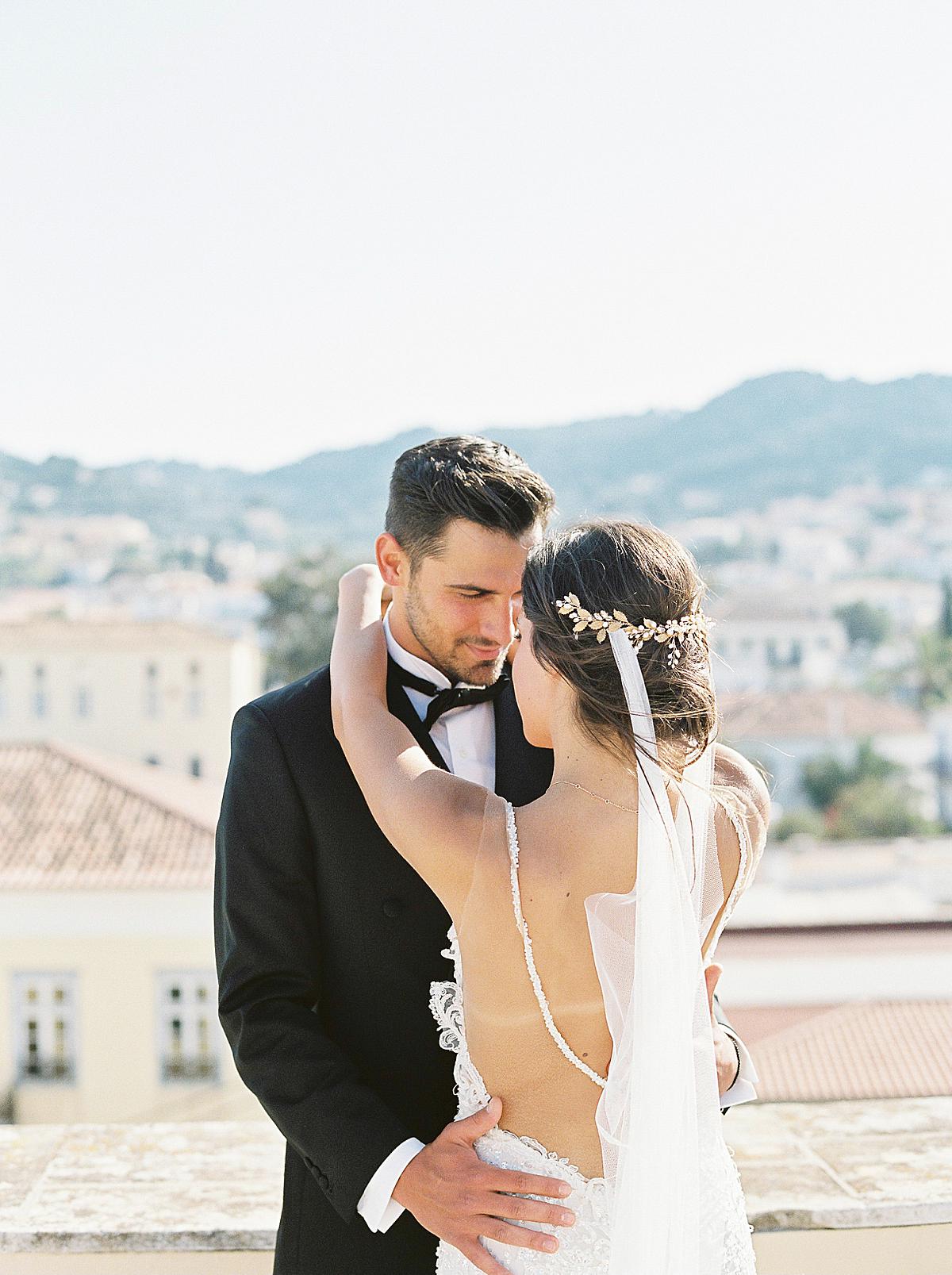 bride and groom at portrait session in spetses island greece