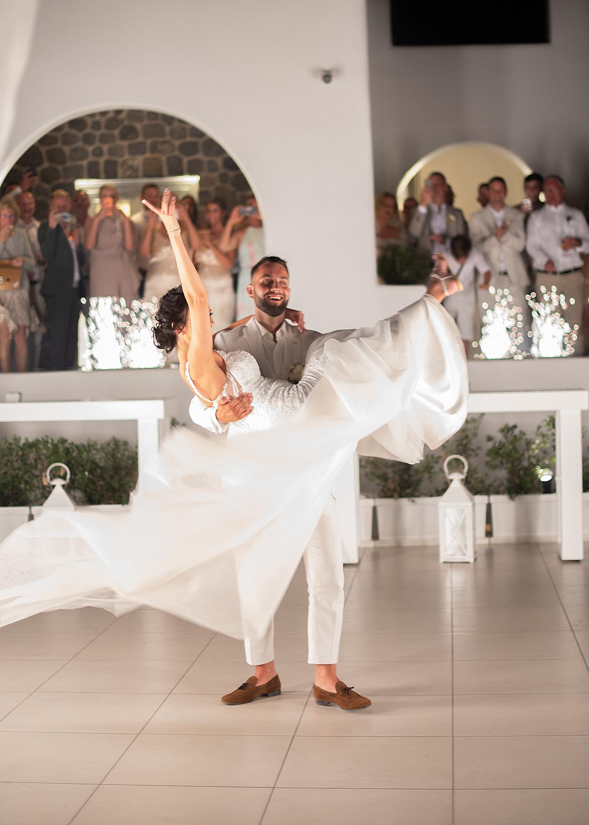 first dance of bride and groom at santorini wedding