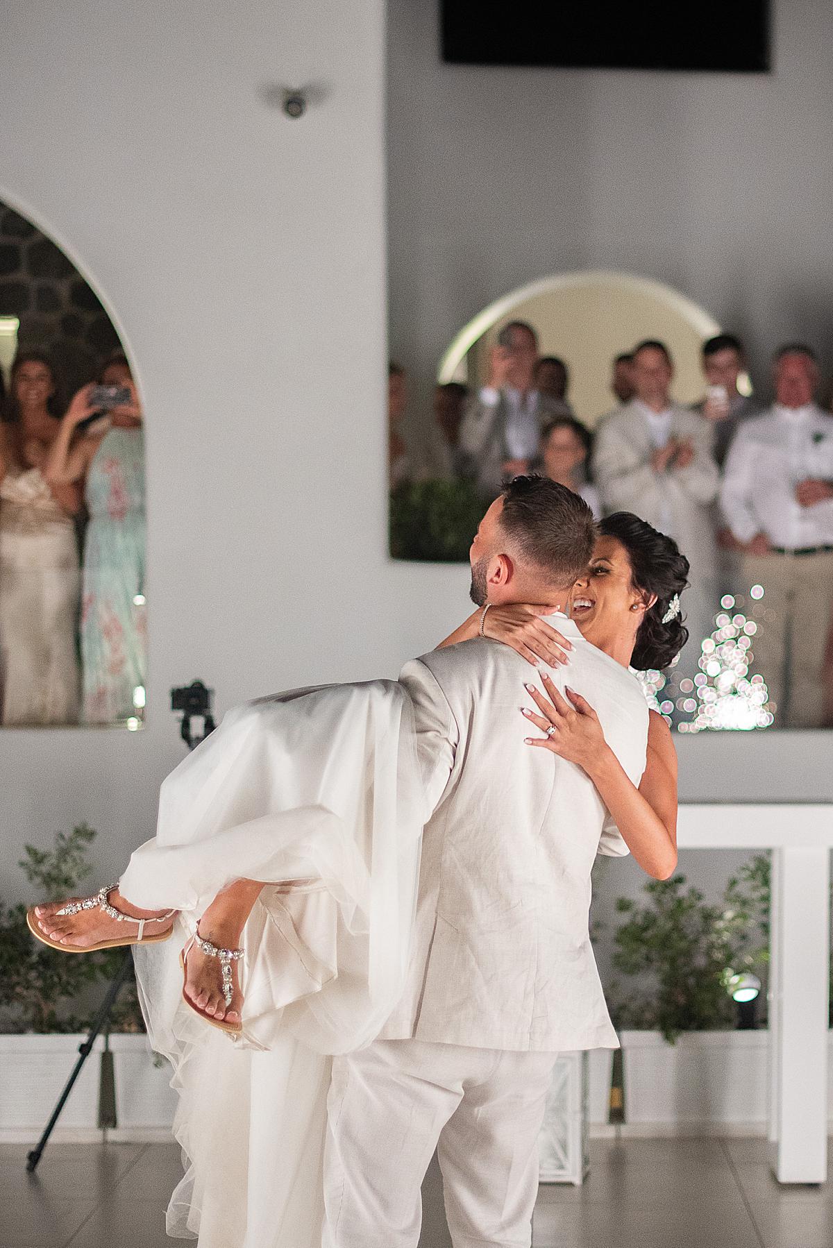 first dance of bride and groom at santorini wedding